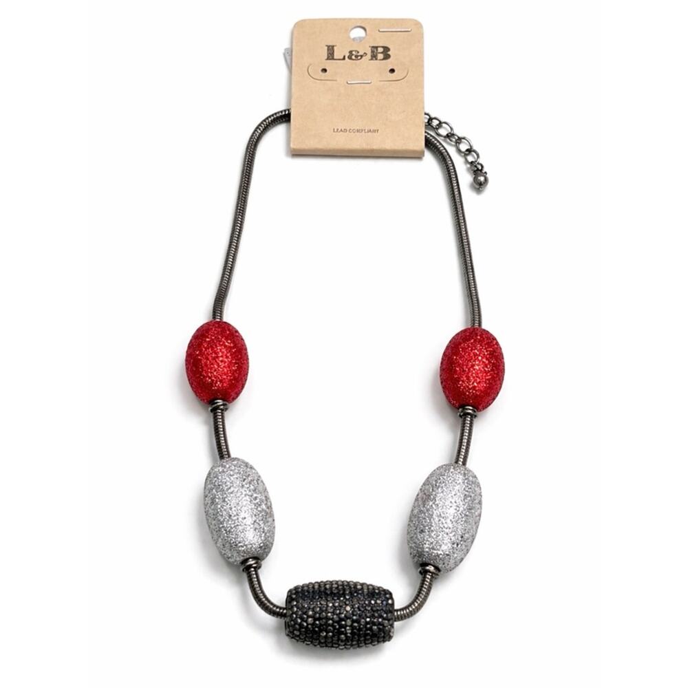 L&B Red & Silver Glitter Bead Statement Necklace